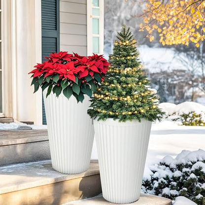 Autodaya 20" Tall Fluted Resin Planters Set of 2 with Drainage Holes - color: White Fluted-20"h