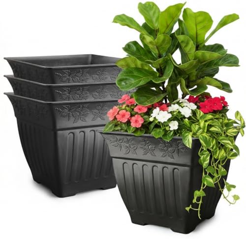 4-Pack 18 Inch Large Outdoor Planters, Embossed Leaf Pattern, Black - color: Black, size: 4P-18 INCH