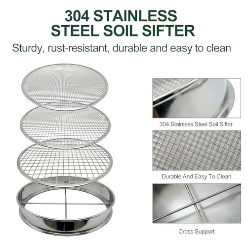 11.8 Inch Garden Soil Sifter Set Dirt Sifter with Interchangeable Screens,Multi-Functional Rock Sifter for Gardening Compost Bonsai and Sand Separation (Silver) - color: Silver