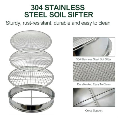 11.8 Inch Garden Soil Sifter Set Dirt Sifter with Interchangeable Screens,Multi-Functional Rock Sifter for Gardening Compost Bonsai and Sand Separation (Silver) - color: Silver