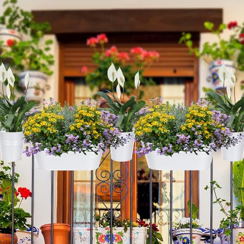 HowRU Metal Iron Flower Pots for Railing Fence Hanging Bucket Pots(5 Pcs) and Hanging Flower Pots Metal Iron Bucket Planter(10 Pcs) (White) - color: White