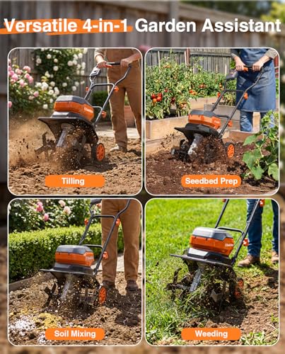 12 Inch Electric Tiller Cultivator, 40V Cordless Tiller for Gardening with 2 * 5.0 Ah Batteries, 8 Inch Depth Rototillers Battery Powered with Adjustable Wheels for Lawn Yard Weeding Soil Cultivation - size: 12"x8"