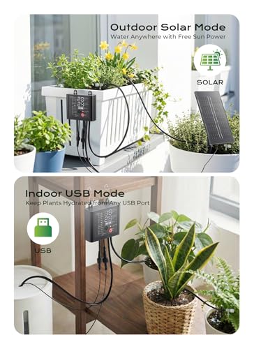 49ft Solar Drip Irrigation System with USB Charging for 15 Potted Plants - color: Black