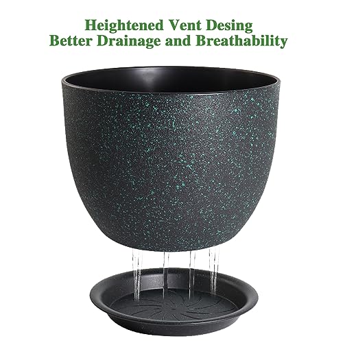 UOUZ 12inch Large Plant Pot, Modern Plastic Planter with High Driange Holes and Saucer for Indoor Outdoor Garden Plants and Flowers, Black with Green Speckles - color: Black With Green Speckles