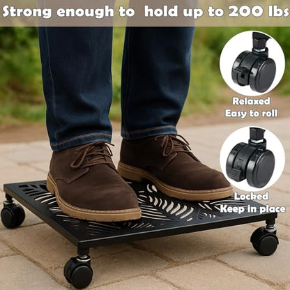 1-Pack 12 Inches Square Metal Plant Caddy with Wheels Heavy Duty Large Rolling Plant Stand Indoor Outdoor Wheeled Planter Dolly Cart with Lockable Casters Flower Pot Mover Roller Trolley, Black