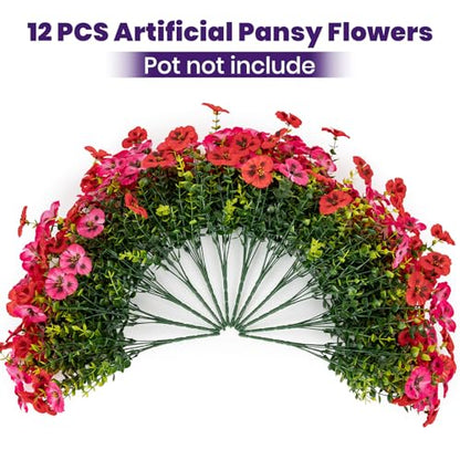 Artificial Flowers for Outdoor Faux Pansies Fake Flowers Plants,12 Bundles - color: Red Dark Pink