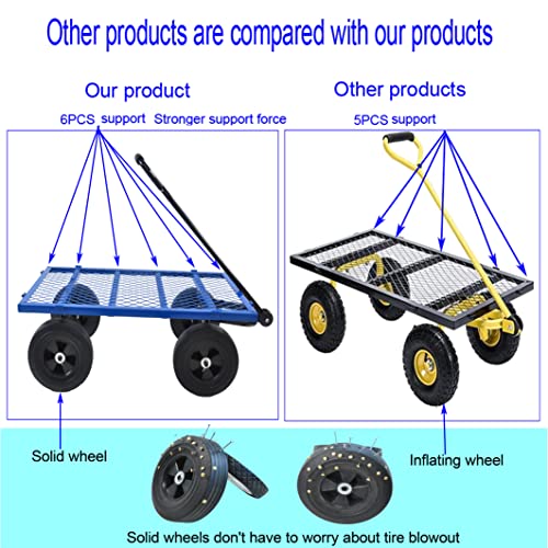 Metal Utility Wagon with 10" Solid Large Wheels 500 Lbs Capacity Heavy Duty Wheel Barrow Mesh Steel Garden Wagon Cart Dump Cart Pullable with 180° Rotating Handle Removable Sides (Blue) - color: Blue
