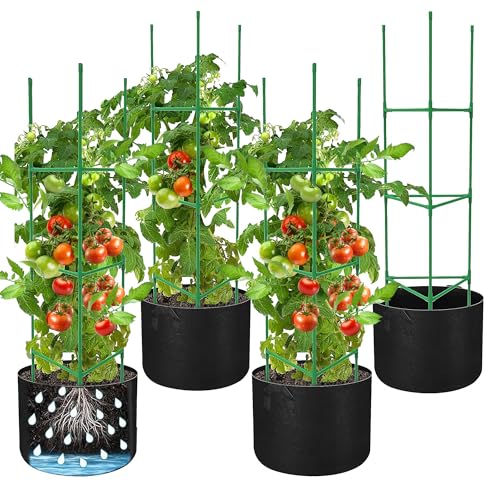 4 Packs 47 x 12 Inch Garden Tomato Cages with Grow Bags- Triangle Plant Support Trellis Assembled with Planter Bags- Garden Cucumber Vegetables Frames for Vertical Climbing Plants - style: Triangle-4 Set