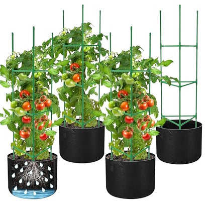 4 Packs 47 x 12 Inch Garden Tomato Cages with Grow Bags- Triangle Plant Support Trellis Assembled with Planter Bags- Garden Cucumber Vegetables Frames for Vertical Climbing Plants - style: Triangle-4 Set