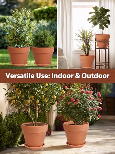 INGOFIN 12 Inch Terracotta Pot Set of 2 with Saucer - Ceramic Clay Pot for Plants with Drainage Hole, Large Terra Cotta Flower Planter with Tray for Indoor Outdoor Plants - size: 12/12 inch -2 pcs