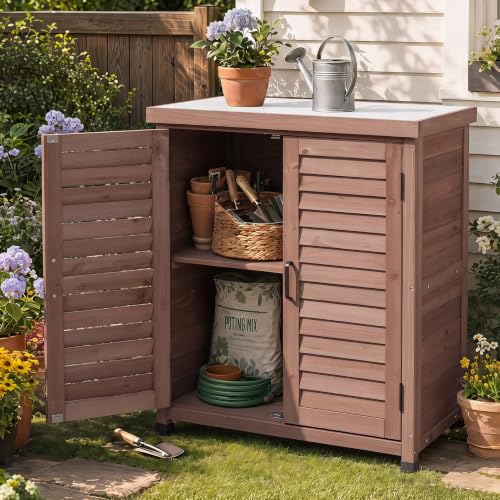 Outdoor Potting Bench with Storage Cabinet and Metal Top, Wood Workstation for Outdoor Patio, Garden (Dark Brown, 31x17x36‘’) - color: Dark Brown, size: 31x17x36"