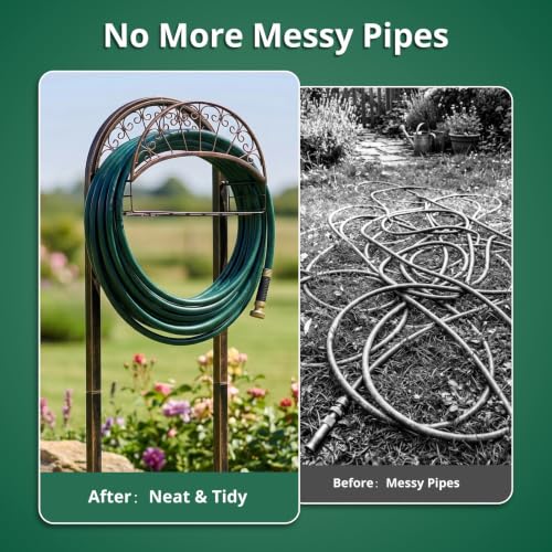 Heavy Duty Garden Hose Holder Stand, Freestanding Detachable with 4 Anchor Spikes, Storage Basket, Rustproof Steel, for Yard Lawn Patio