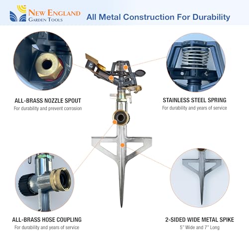Impact Pulsating Sprinkler 300009 on Metal Step Spike, 70 ft Diameter Reach, 360° Range Control to Cover up to 3,900 Sq Ft for Farm, Lawn and Garden Irrigation, by New England Garden Tools