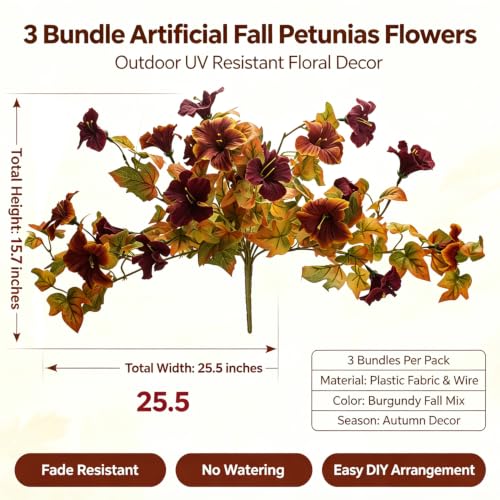 AITISOR Faux Fall Petunias Flowers, Fake UV Resistant Outdoor Decor - color: Fall Brown&wine Red