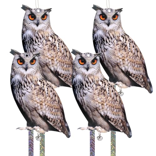 4PCS Fake Owls Plastic Owl Hanging Flat Garden Owl with Reflective Tape for Balcony House Windows Outside Porch Yard Decor - color: Light Owl 4pcs