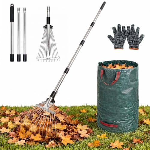 Rake for Leaves 15 Teeth, 7-15" Adjustable Width Metal Rake - size: 7"-15" Wide, 34"-66" Long