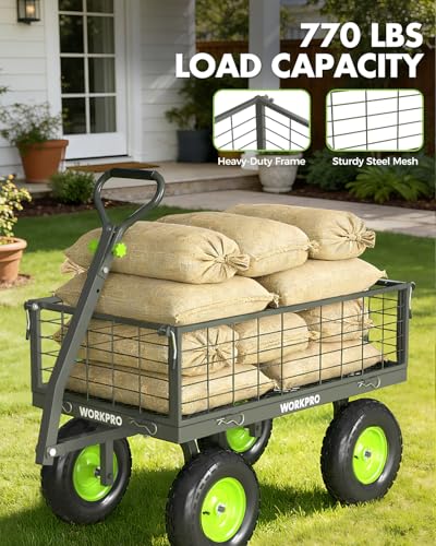 WORKPRO Large Heavy Duty Garden Cart 770 lb, 2-in-1 Convertible Utility Wagon with Removable Sides, 180° Tow Handle for ATV or Lawn Tractor, 270° Steering, Extra Large Yard Cart with All Terrain Tires