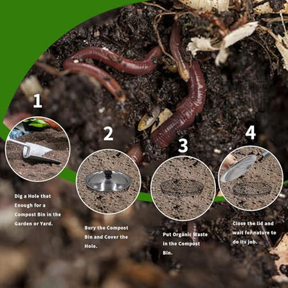 4 Pack In Ground Compost Bin Outdoor, Metal Worm Compost Bin with Lid for Organic Refuse, Worm Farm for Garden, Vegetable Patch, Backyard, Greenhouse