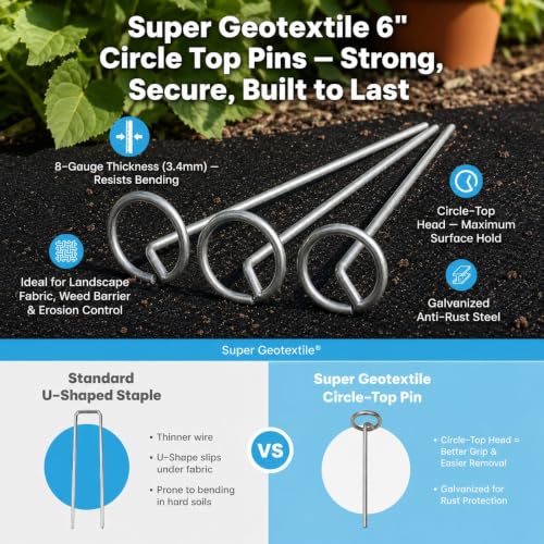 Super Geotextile Round Top Landscape Pins – 8 Gauge Heavy Duty 6 Inch Galvanized Steel Stakes for Landscape Fabric and Weed Barrier, 100 Pack - size: 100 Pcs x 6" - 8 Ga