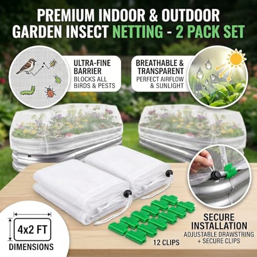 2 Pack Garden Netting for Raised Beds, 4 x 2 FT Outdoor Garden Raised Bed Cover Fine Mesh Plant Netting Plant Covers Pest Barrier Screen with Drawstring and Clips