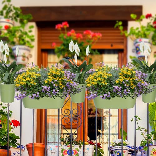 HowRU Metal Iron Flower Pots for Railing Fence Hanging Bucket Pots(5 Pcs) and Hanging Flower Pots Metal Iron Bucket Planter(10 Pcs) (Green) - color: Green