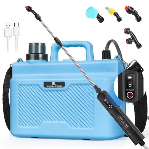 Battery Powered Sprayer 2 Gallon, Powerful Electric Garden Sprayer with 3 Speeds Displayed, Battery Indicator, 4 Mist Nozzles, Retractable Wand, Adjustable Shoulder Strap for Lawn Yard and Garden - color: Blue
