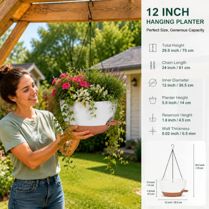 12" Self Watering Hanging Planters with Chains, White Brown, 2 Pack - color: White Brown, size: 2 pack 12 inches