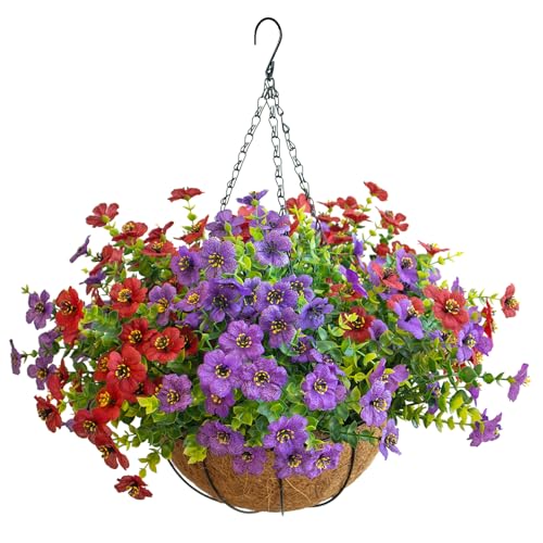 Artificial Hanging Flowers, UV Resistant, 12 Bundles, Red Purple - color: Purple+red