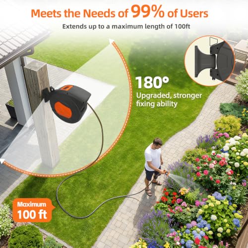 Retractable Garden Hose Reel 100 FT, 1/2" Heavy Duty Garden Hose - color: Gray & Orange