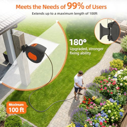 Retractable Garden Hose Reel 100 FT, 1/2" Heavy Duty Garden Hose - color: Gray & Orange