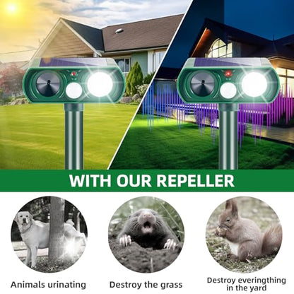 2026 Sonic Fortress Pro Deer Repellent for Plants,4 Pcs Cat Repellent Outdoor Motion Sensor Solar Animal Repellent Ultrasonic Outdoor for Squirrel Rabbit Skunk Racoon Fox Strobe Light,IP65 Waterproof