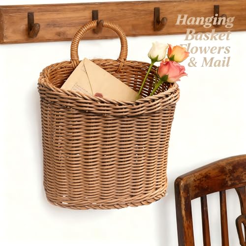 Woven Hanging Wicker Basket for Front Door, Handmade Rattan Hanging Wall Baskets for Garden Farmhouse Home