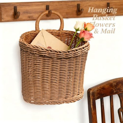 Woven Hanging Wicker Basket for Front Door, Handmade Rattan Hanging Wall Baskets for Garden Farmhouse Home