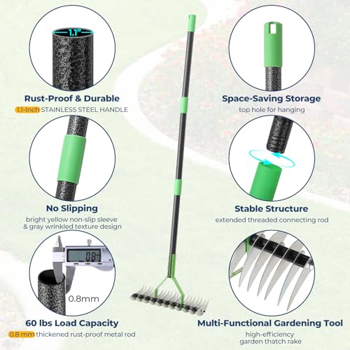 Garden Rake 51" – Dual-Sided Shrub Rake with 13" Sharp Metal Tines, Lightweight Multi-Purpose Yard Tool, Reversible Head for Lawn, Soil, Shrub, Mulch & Leaf Cleanup
