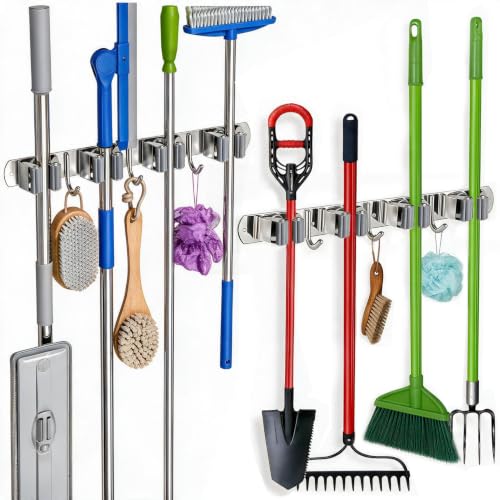 2 Pack Broom Holder Wall Mount Mop Organizer, 4 Racks 3 Hooks
