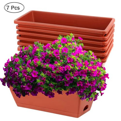 7 Pack Window Box Planter, 17 Inches Plastic Flower Vegetable Planters Boxes with Drainage Holes and Trays Rectangular Flower Pots for Indoor Outdoor Garden, Patio, Home Decor (7, Brick RED)