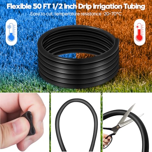 50 FT 1/2 Inch Drip Irrigation Tubing Kit-Drip Line Irrigation Hose 1/2 Inch with 1/2" to 1/4" Barbed Locked 6-Way & 1/2" Tee Connectors-Drip Tube Irrigation Fittings System Parts for Garden Watering