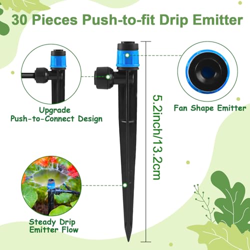 30 Pieces Quick Connect Drip Irrigation Emitters Vortex for 1/4" Tubing, Adjustable 360 Degree Water Flow Irrigation Fan Shape Spray Emitter On 5" Stake for Garden Watering System - color: Blue Quick Connect Emitter-30P