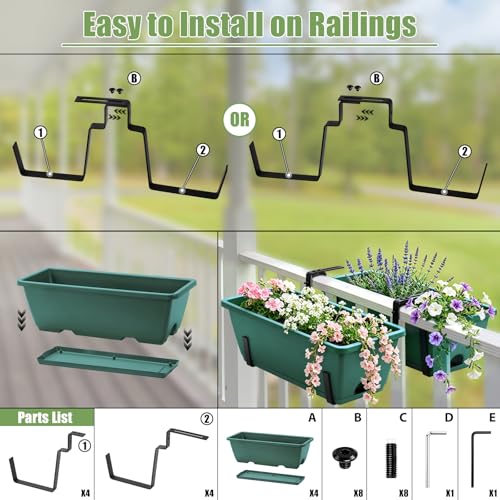 4-Pack Railing Planter Boxes with 2 Sets Double-Sided Adjustable Brackets - color: Green