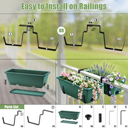 4-Pack Railing Planter Boxes with 2 Sets Double-Sided Adjustable Brackets - color: Green