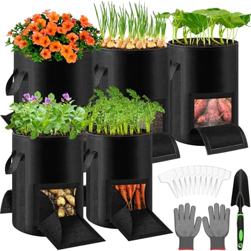 Lezmarket 5 Pack 10 Gallon Potato Grow Bags, Nonwoven Fabric Garden Planters with Reinforced Handle, Large Pots for Potato, Vegetable and Outdoor Plants