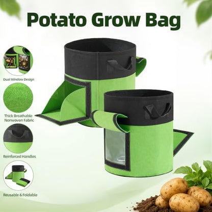 5-Pack 7 Gallon Potato Grow Bags with Harvest Window & Visible Window, Thick Nonwoven Fabric Planter Pots with Handles, Reusable Garden Bags for Potatoes, Carrot, Onion, Tomatoes and Vegetables