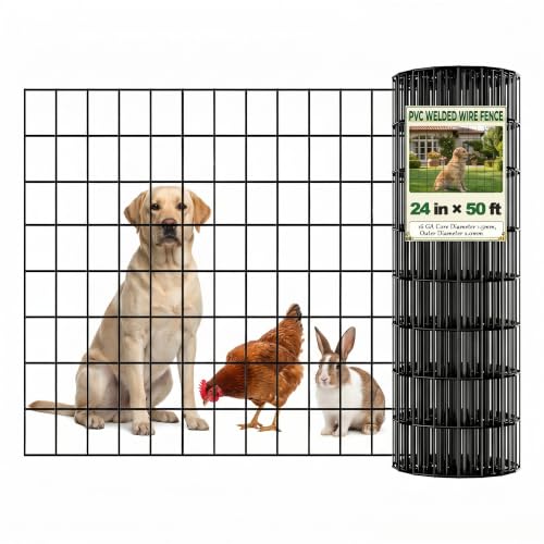 Black PVC Coated Welded Wire Fence 2FT(24") x 50FT, 16GA Garden Fencing Roll - size: 24in50FT