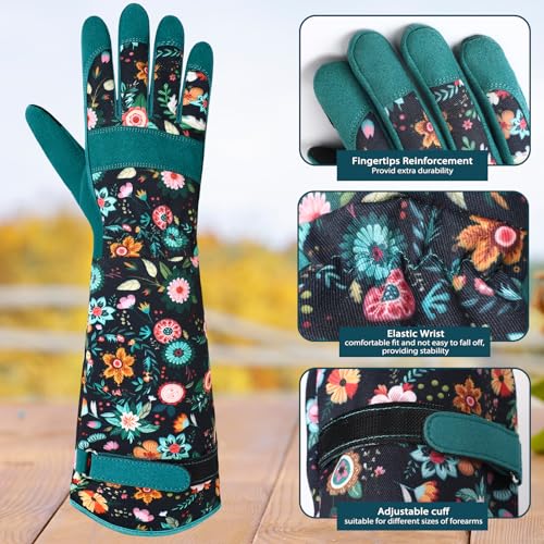 Gardening Gloves for Women, Long Garden Gloves with Grip, Thorn-Proof, Gift - color: Dark Green - Circle Flower