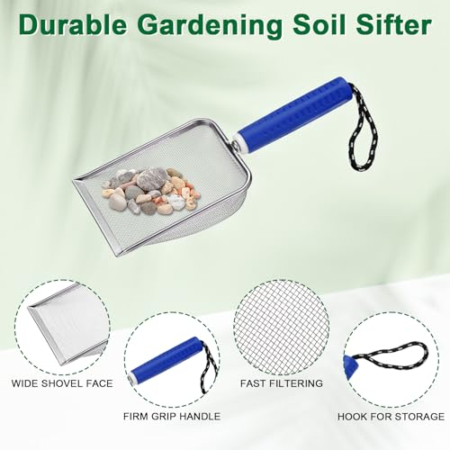 M METERXITY 1-Pack Gardening Soil Sifter, 2.8 mm Mesh Stainless Steel Portable Gardening Sifter with Soft Handle for Sand/Dirt/Rock Compost [White, Blue] - color: White, Blue, size: 2.8X2.8mm