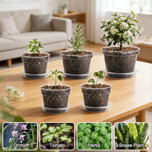 RooTrimmer 15 Pack 8/7/6 Inch Clear Nursery Pots with Saucer, Transparent Plastic Plant Pot with Drainage Hole, Sturdy Planting Starter Pots for Gardening Flower Herb Vegetable - color: Clear, size: Mix 6/7/8 Inch 15 Pack