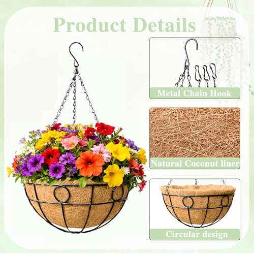 EIMQUVW Outdoor Hanging Planter(4-Pack) Black Metal Hanging Baskets with Coconut Fiber Lining 16 inch Round Chain Flower Pots for Patio Garden Greenery Decoration - size: 16 Inch, style: Circular