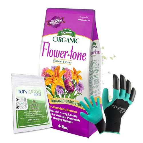 Espoma FT4 Organic Flower-Tone 3-4-5; 4 lb. Bag for Flowers, Annuals, Perennials; with My Garden Pool PH Soil Test Strips 20 ct, and Gardening Claw Gloves and Garden-IQ, Smart Gardening AI Assistant!