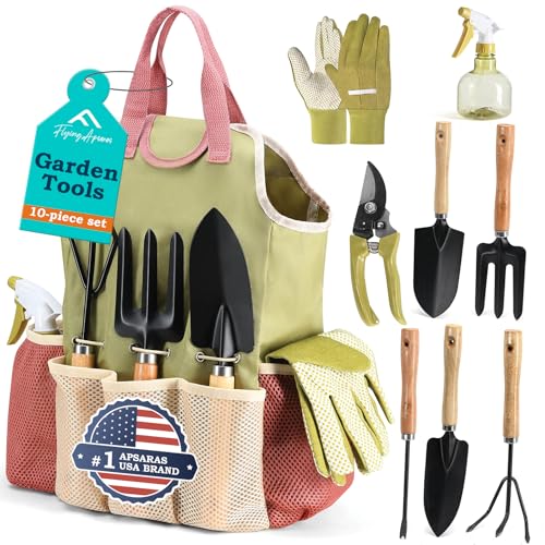 APSARAS USA Gardening Tools, Garden Tool Set, 10 Pieces Heavy Duty Sturdy Steel Gardening Tool Set with 600D Oxford Cloth Storage Tote Bag, Durable Supplies Kit Perfect Garden Gifts for Father - style: Wood Handle and Sturdy Steel
