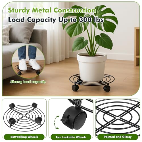 5-Pack Metal Plant Caddy 11.8" Dolly with Wheels - Heavy-duty Wrought Iron Rolling Plant Stand with Casters for Indoor and Outdoor Use - Black, Plastic Saucers Included - color: Balck